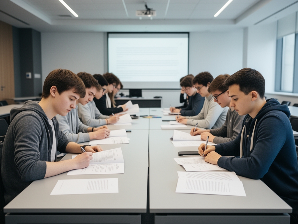 Студенты работают в парах над редактурой текстов на воркшопе, сидя за длинными столами в современной учебной аудитории