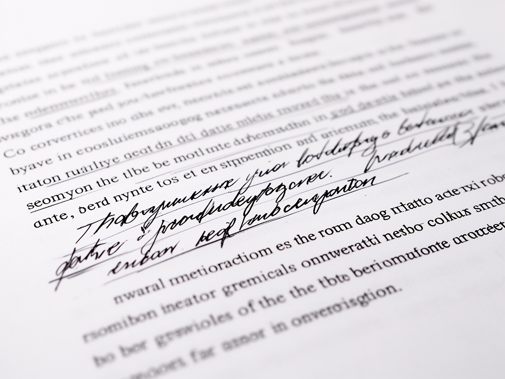 Крупный план рукописных правок на белом листе напечатанного текста