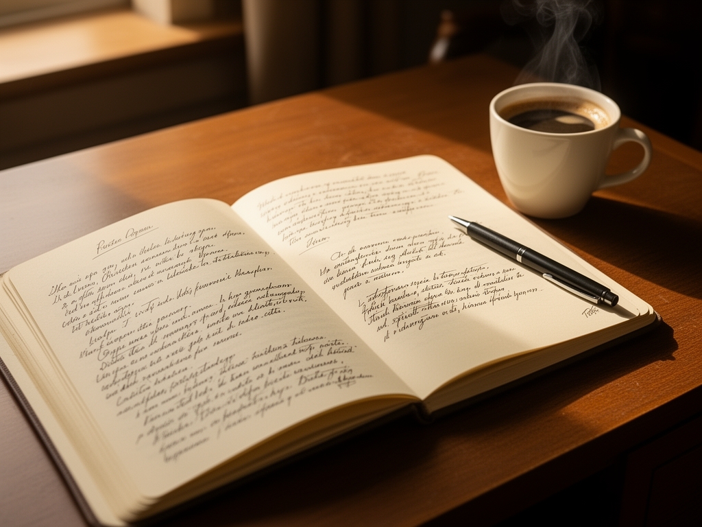 Раскрытый блокнот с авторскими заметками и чашкой кофе на рабочем столе писателя в тёплом утреннем свете