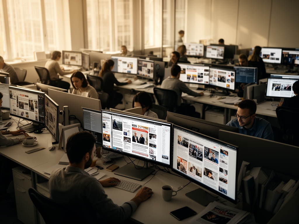 Редакция новостного журнала с журналистами за мониторами