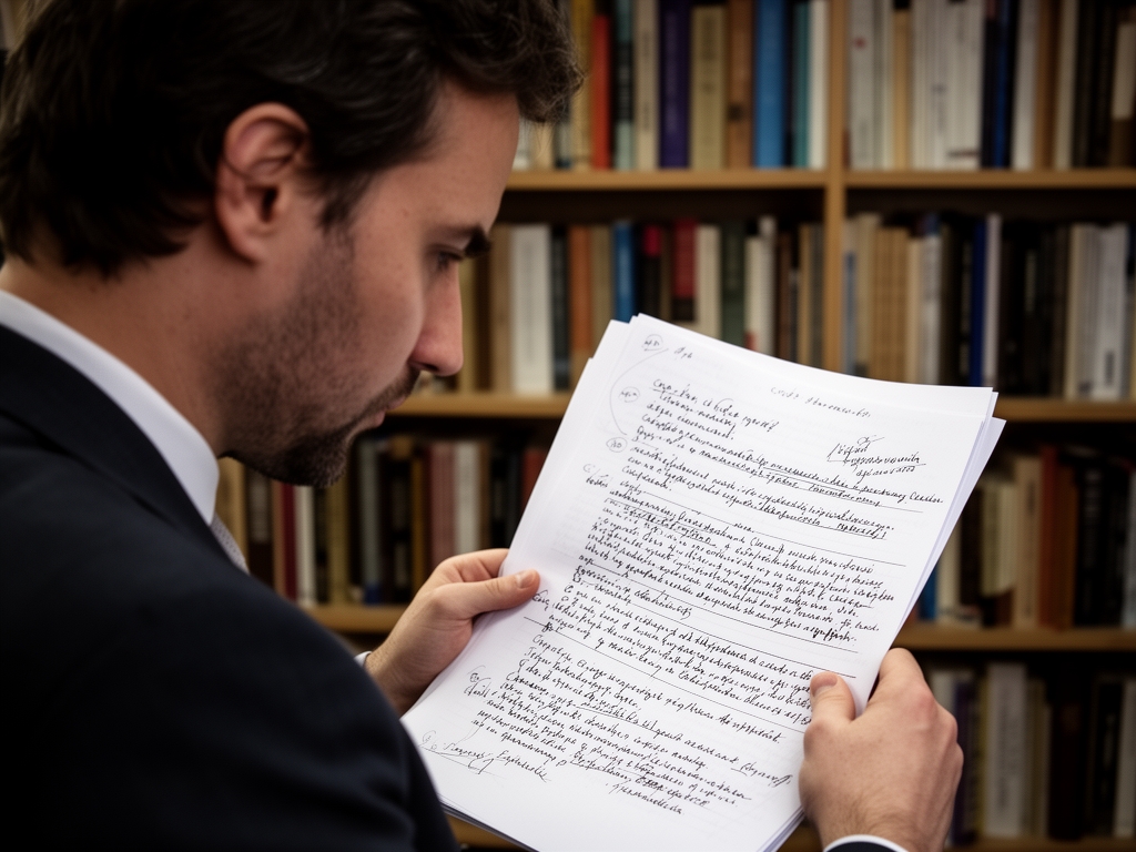 Журналист изучает распечатанный черновик с пометками на фоне книжных полок