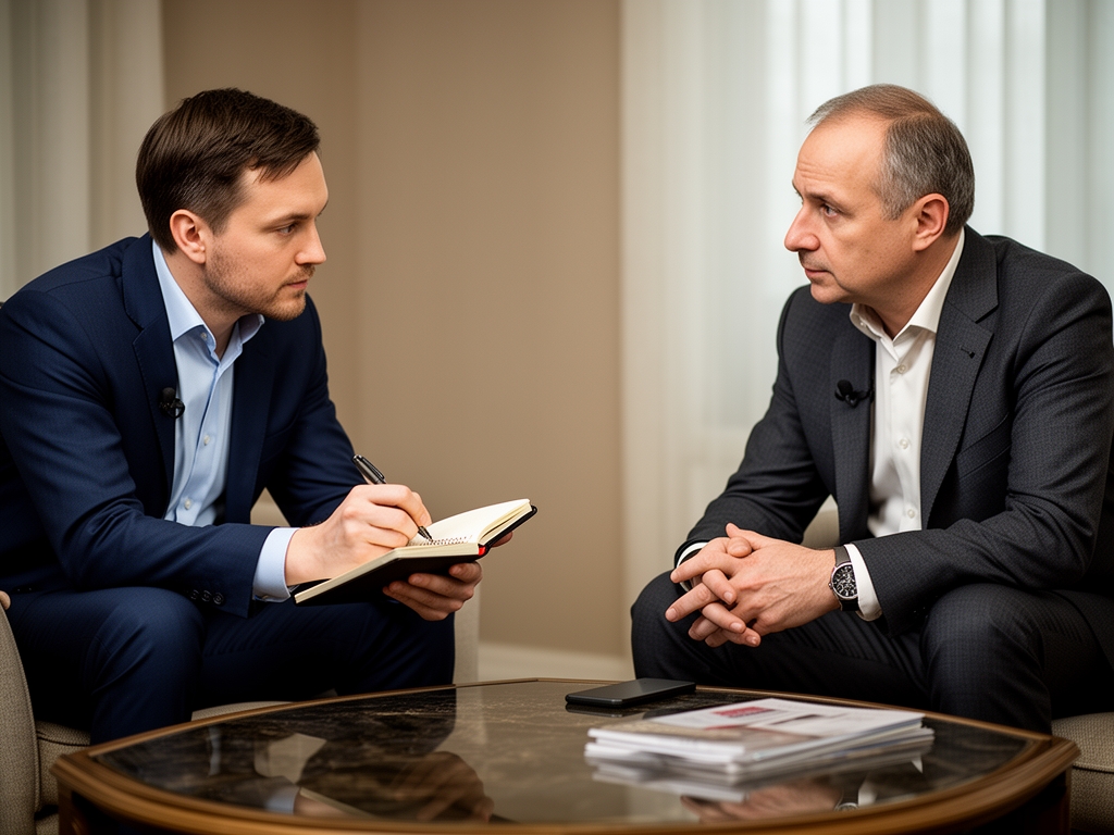 Журналист делает заметки в блокноте во время интервью, сидя напротив собеседника за кофейным столиком