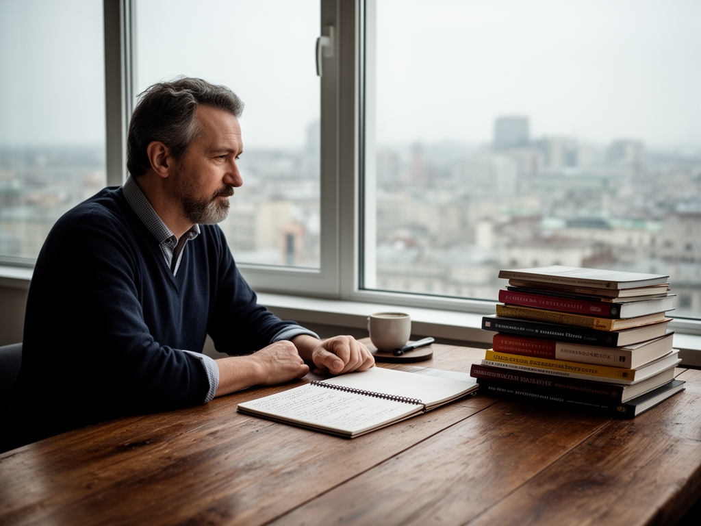 Писатель за деревянным столом у окна с видом на город, рядом стопка книг и блокнот с заметками