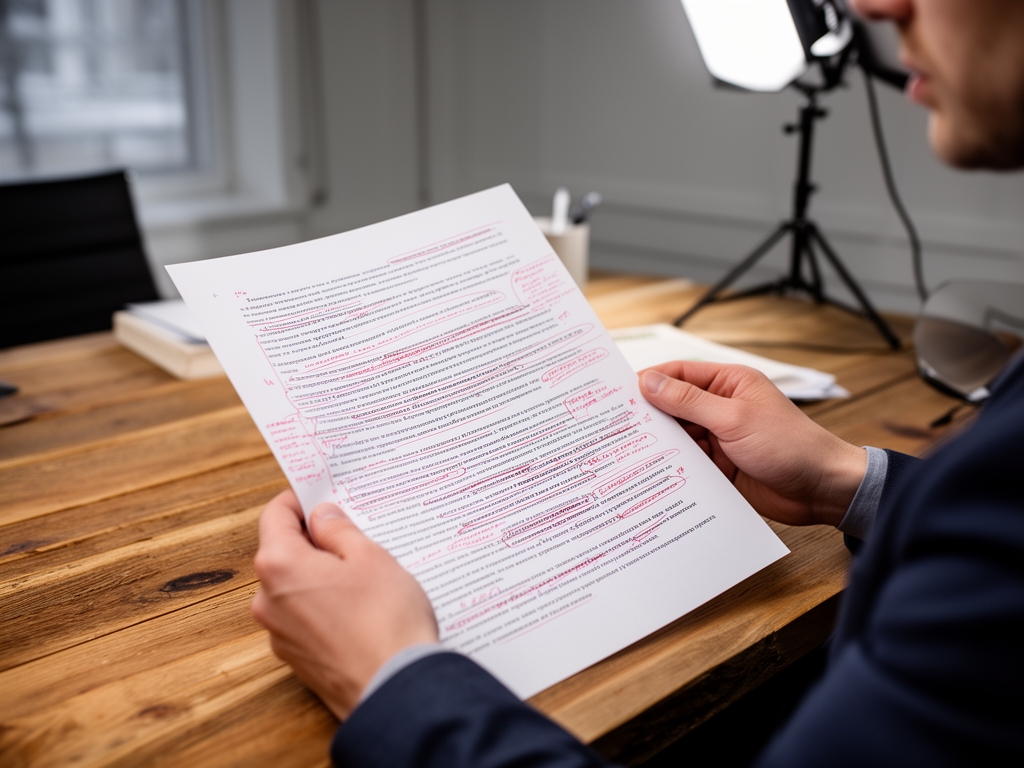 Редактор за рабочим столом с распечатанным текстом, красными пометками и монитором компьютера с открытым документом