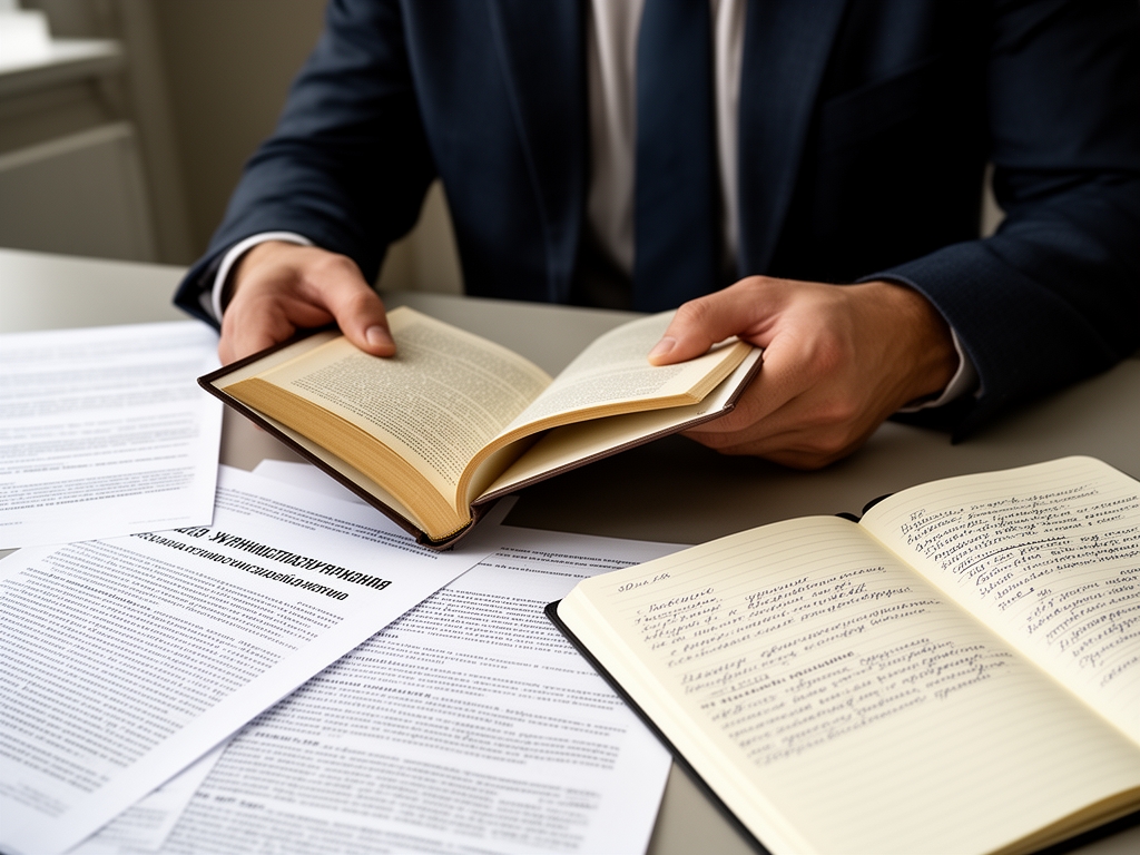 Журналист читает книгу за столом с разложенными распечатками статей и открытым блокнотом с записями