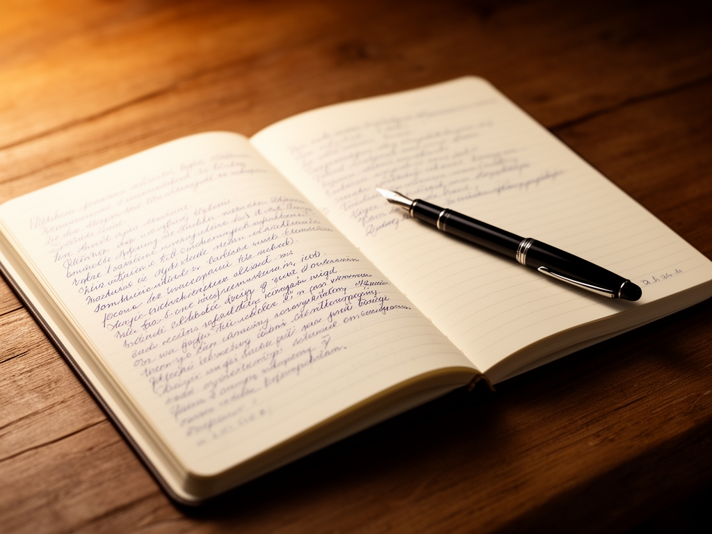 Открытая тетрадь с рукописными заметками и ручка-перо на деревянном столе в тёплом свете настольной лампы