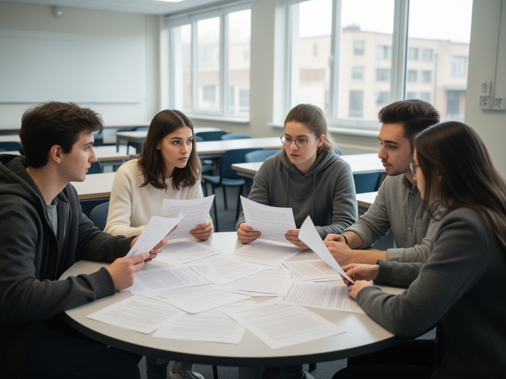 Небольшая группа студентов обсуждает распечатанные черновики текстов за круглым столом в учебном классе